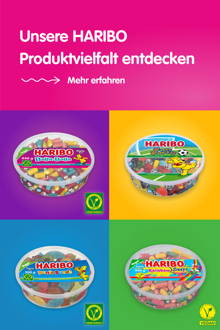 Unsere HARIBO Produktvielfalt entdecken; HARIBO Balla-Balla, HARIBO Fan-Party, HARIBO Bunte Runde, HARIBO Rainbow Sauer